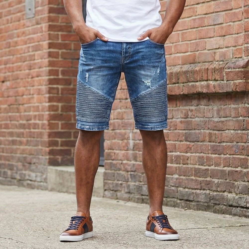 Zara Men’s Distressed Moto-Style Denim Shorts – Medium Wash